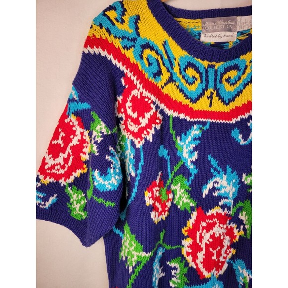 Bright Floral Chunky Sweater Boho Artsy Bold Colorful 90's VTG - Picture 4 of 8